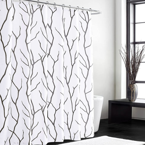 KGORGE Shower Curtains for Bathroom - Waterproof Tree Branches Pattern on White Curtains for Outdoor Swimming Pool Bathtubs Toilet, Grey, 72 x 72 inches Long, Hooks Included