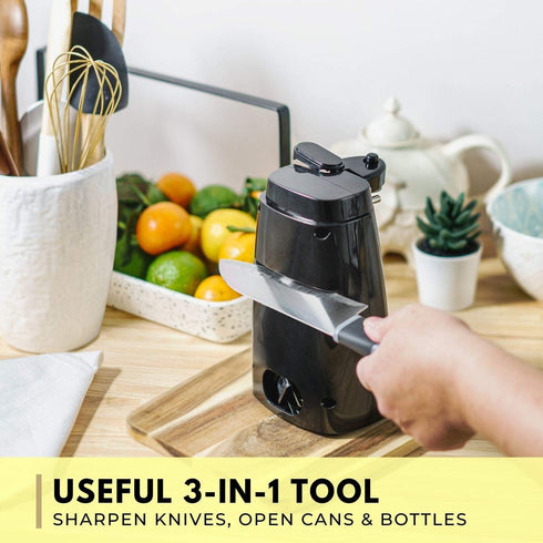 BELLA Electric Can Opener, Automatic Can Opener, Knife Sharpener and Bottle Opener, Easy Safe Removable Cutting Lever, Cord Storage, Easy Clean-Up, Black