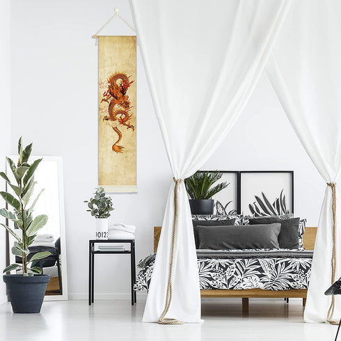 Hanging Poster Canvas Wall Art Paintings of Chinese Dragon Tapestry Asian Traditional Chinese Soaring Dragon Golden Dragon Totem Wall Tapestry Wall Decor For Room (13''x 56''/33x142cm)