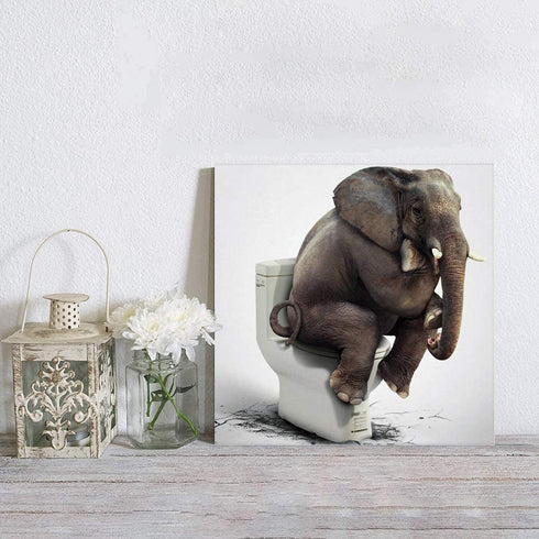 Chucoco Oil Paintings on Canvas Funny Elephant Sitting on the Toilet Abstract Wall Art Print with Framed Ready to Hang, Living Room Kitchen Bedroom Home Decorations 16x16 inch