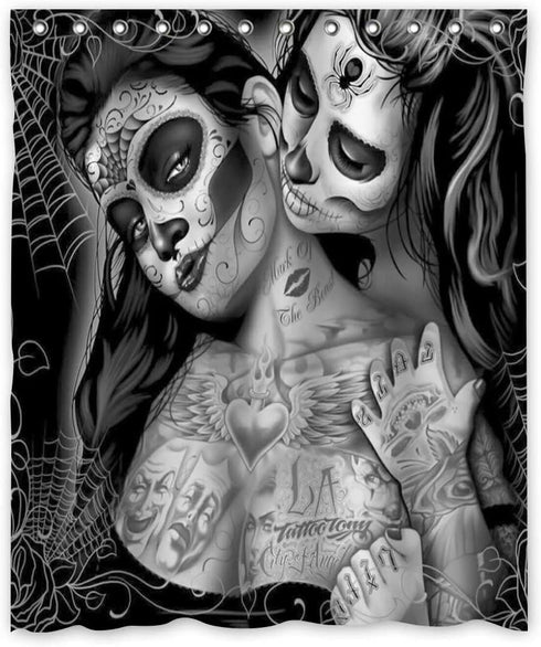 Gothic Shower Curtain Tattoo Girl Shower Curtain Black Gray Fabric Waterproof Polyester Bathroom Curtain with 12 Plastic Hooks 71x71 Inch(180 x 180 cm)