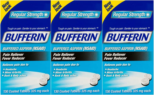 Bufferin Aspirin Pain Reliever/Fever Reducer Coated Tablets, Relieves Headache, Arthritis, Backache & Menstrual Cramps, Contains Antacids, 325mg, 130 Count (Pack of 3)