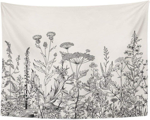 Emvency Tapestry Floral Border Herbs and Wild Flowers Botanical Engraving Style Black and White Home Decor Wall Hanging 60" x 80" Inches Print for Living Room Bedroom Dorm