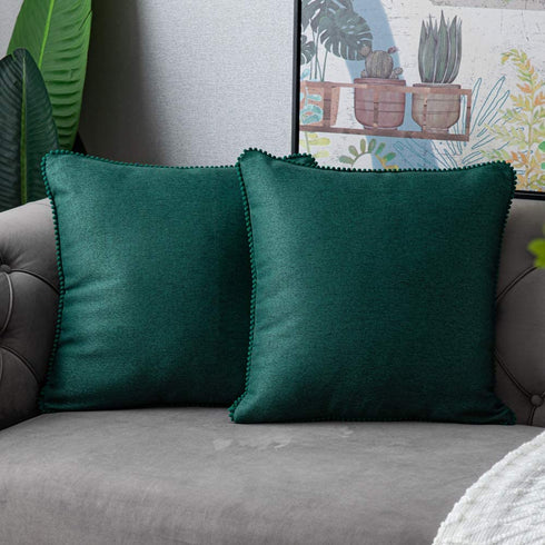 WLNUI Set of 2 Christmas Forest Green Pillow Covers 16x16 Inch Rustic Cute Pom Poms Decorative Throw Pillow Covers Square Cushion Case for Farmhouse Home Couch Sofa Decor