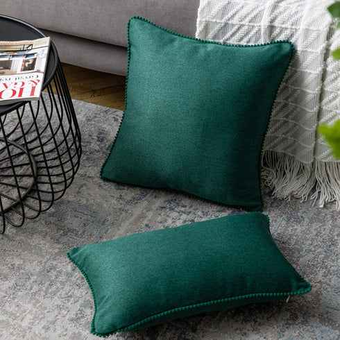 WLNUI Set of 2 Christmas Forest Green Pillow Covers 16x16 Inch Rustic Cute Pom Poms Decorative Throw Pillow Covers Square Cushion Case for Farmhouse Home Couch Sofa Decor