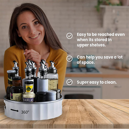 Lazy Susan Turntable - 360 Rotating Spice Rack - Non-Skid Turntable Organizer for Fridge, Cabinet & Bathroom - Lazy Susan Organizer for Bottles and Spices - 2 Pack Fridge Organizers with 2 Jars-Sliver