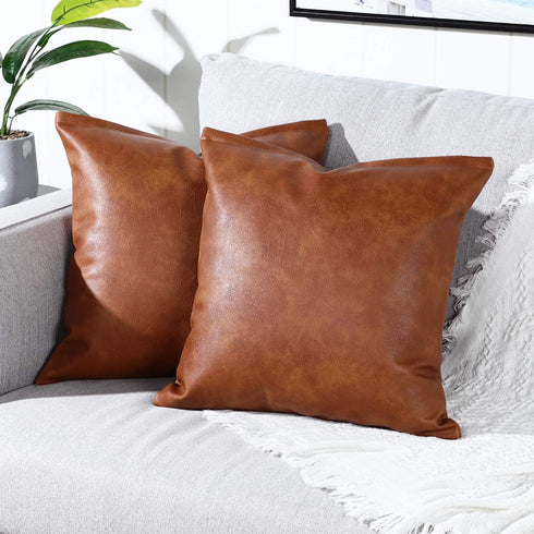 YAERTUN Set of 2 Faux Leather Decorative Throw Pillow Covers Modern Solid Outdoor Cushion Cases Luxury Pillowcases for Couch Sofa Bed 16x16 Inches Brown