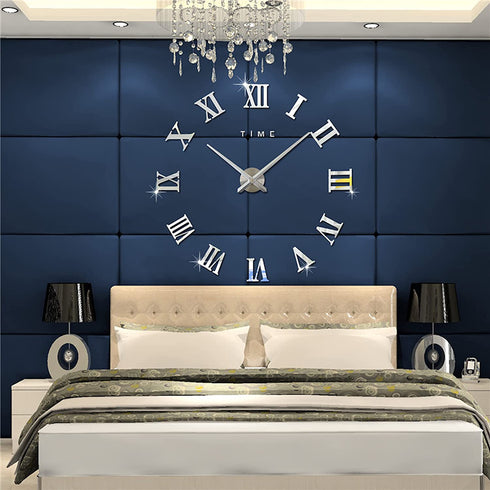 VinJoyce 3D DIY Large Wall Clocks for Living Room Decor, Wall Stickers Clocks for Living Room Decor, Silent, Modern Wall Clock for Kitchen, Office, School, Home, Bedroom, Living Room (Roman Silver)