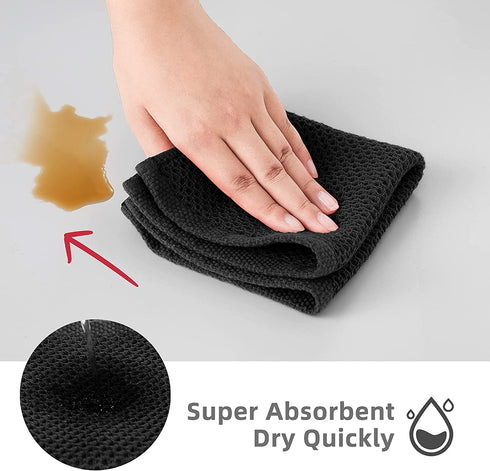 SFTXEY 100% Cotton Kitchen Dish Cloths, 10-Pack Waffle Weave Dish Towels, Ultra Soft Absorbent Quick Drying for Kitchen Towels Set Dish Rags, 12x12 Inches (Dishcloth 12 in x 12 in, Black)