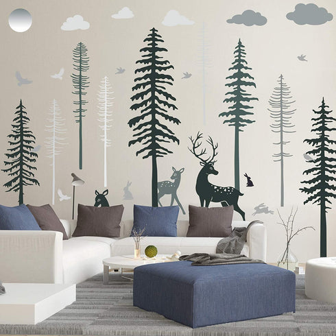 Nursery Wall Decal Forest Deer Pine Trees Wall Decal Woodland Vinyl Wall Sticker for Kids Babies Room Nursery Decoration (15.7 x 35.4 Inch)