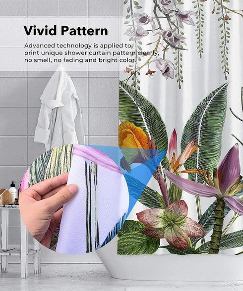 wtisan Shower Curtain Floral,Tropical Shower Curtain,Waterproof Fabric Shower Curtains for Bathroom with 12 Plastic Hooks, 60x72 Inch