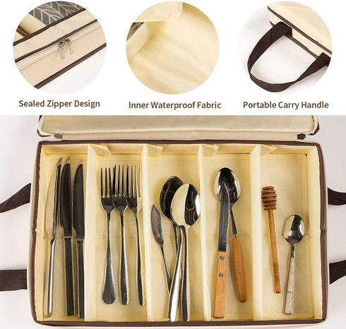 Flatware Utensil Storage Case, Silverware Storage Box, Sterling Silver Flatware Storage Chest, Cutlery Storage, Silverware Organizer with Zipper Lid and Carry Handles, Silverware Container Tray
