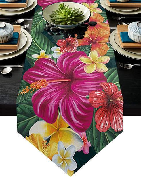 BedSweet Linen Burlap Table Runner Dresser Scarves for Dining Room Tropical Leaf Flowers Hibiscus Plumeria Floral Plant Theme Table Runners for Farmhouse Kitchen,Machine Washable 13 x 108 Inch