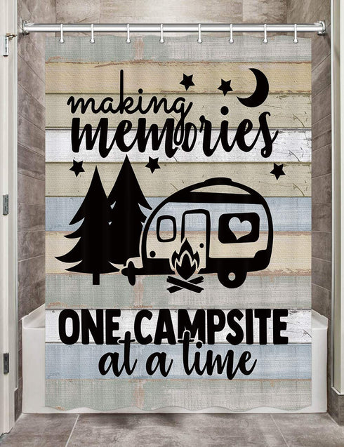 Camper RV Shower Curtains for Bathroom, Farmhouse Camping Fabric Shower Curtain Accessories for Travel Trailers, Happy Camp Decorations Bathroom Set Decor Hooks Included (47" W X 64" H)