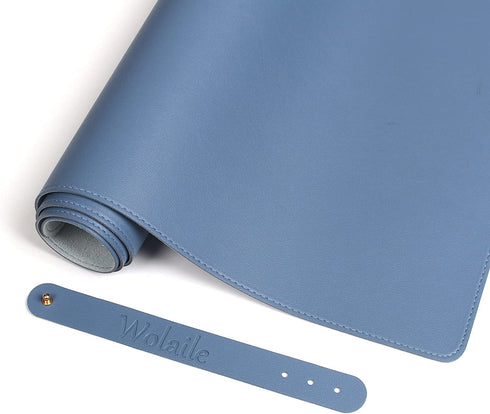 Leather Desk Pad Blotter,Wolaile 36x17 inch Big Keyboard Mouse Pad,Waterproof Non-Slip Writing Desk Computer Mat Desktop Protector for Office Home,Blue
