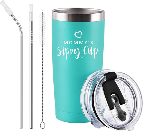 Mommy's Sippy Cup Travel Tumbler with Lids, Mom Birthday Christmas Gifts for Mom New Mom Mother Wife Women Mothers Day Thanksgiving Day Gift, 20 Oz Insulated Stainless Steel Stemless Tumbler, Mint