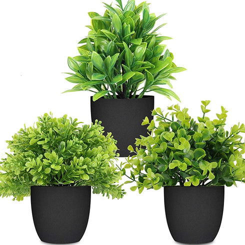 LELEE Artificial Potted Plants Mini Fake Plants, 3 Pack Small Eucalyptus Potted Faux Decorative Grass Plant with Black Plastic Pot for Home Decor, Indoor, Office, Desk, Table Decoration