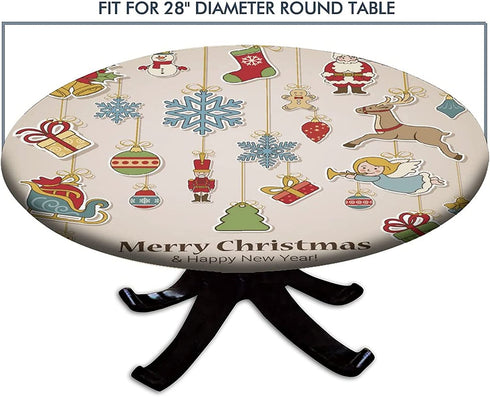SongYi Christmas Tablecloth, Waterproof Fitted Round Tablecloth, Happy New Year Sticker Label Decorations Modern Style, Elastic Edged Table Cloth Cover, Fit for 28 inches -32 inches Round Table