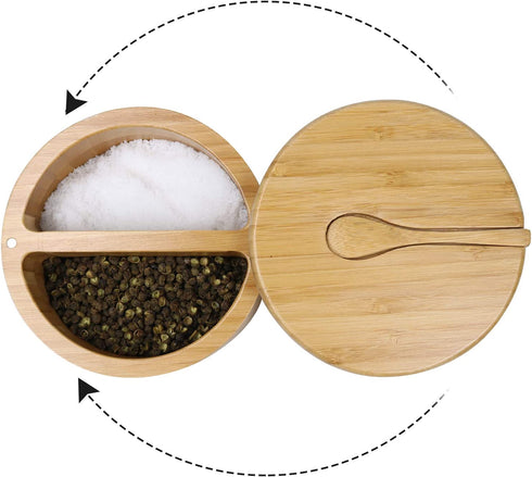 Bamboo Salt and Pepper Bowls by HTB, Divided Salt Cellar With Swivel Lid and Spoon, Seasoning Containers With Magnetic Lid to Keep Dry, Mini Spoon Built Into Top, Great When You May Have Messy Hands