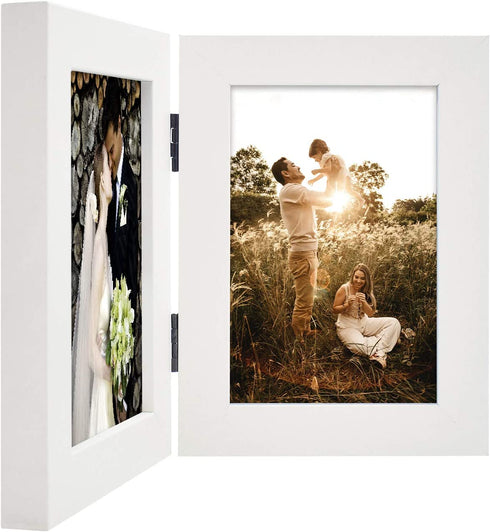 Golden State Art, 4x6 Double Picture Frame Vertical Hinged Photo Frame 2 Opening Folding Family Frames Collage, with Real Glass (4x6, White, 2-Pack)