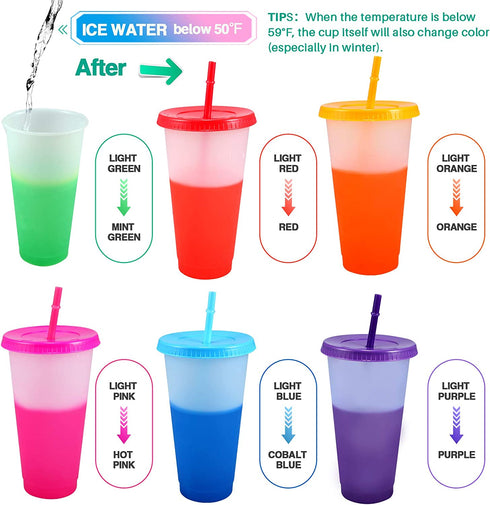 Color Changing Cups Tumblers with Lids & Straws - 6 Pack 24oz Reusable Plastic Cold Water Tumblers Iced Coffee Cups for Adults Kids