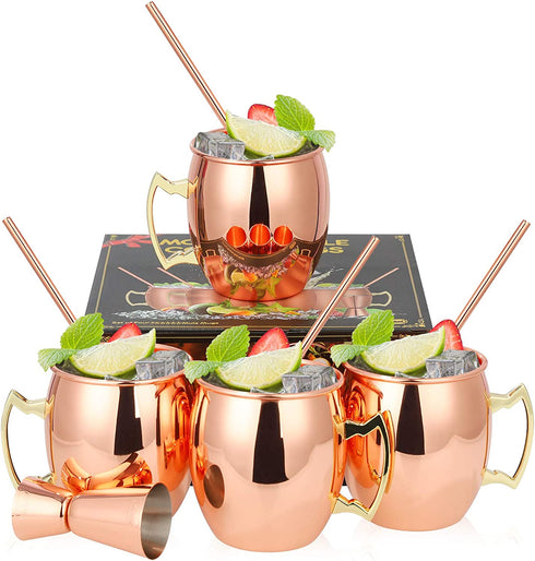 Pitmoly Moscow Mule Copper Mugs, Set of 4 Mugs, Smooth Surface Design 18 oz Copper Cups Set with 4 Cocktail Copper Straws and a Jigger