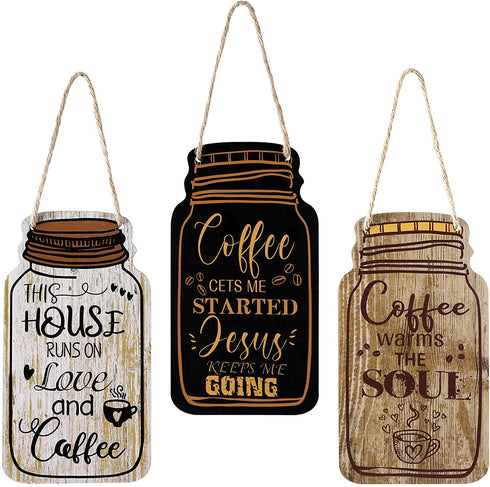 Jetec 3 Pieces Wood Coffee Sign Mason Jar Wall Hanging Plaque Farmhouse Coffee Decor Farmhouse Coffee Bar Decor Sign for Kitchen Decor Office Home Wall Table Decor (Simple Style)
