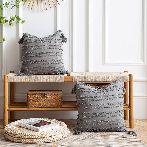 DEZENE Boho Throw Pillow Covers: Set of 2 18x18 Inch Square Light Grey Striped Jacquard Cotton Linen Decorative Pillow Cases for Home Decor Sofa Couch Farmhouse Living Room Bedroom