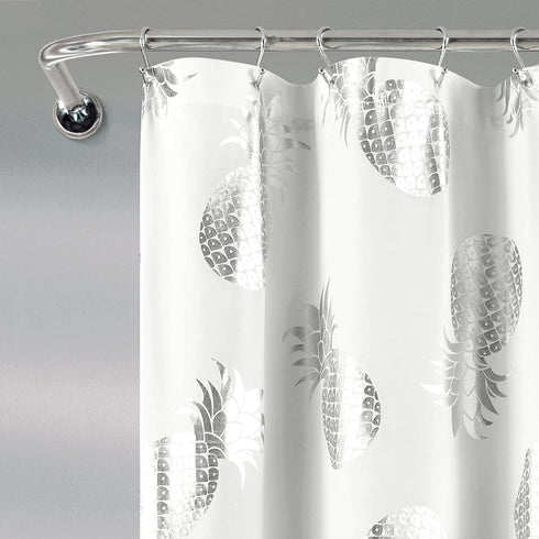 Lush Decor Pineapple Toss Shower Curtain - Fabric Metallic Print Design, 72? x 72?, Silver and White (16T004356)