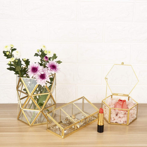 Feyarl Gold Glass Box Makeup Cosmetic Cotton Pads Box Jewelry Trinket Glass Box Flip Ring Earring Studding Necklace Box Clear Decorative Box Beauty Display