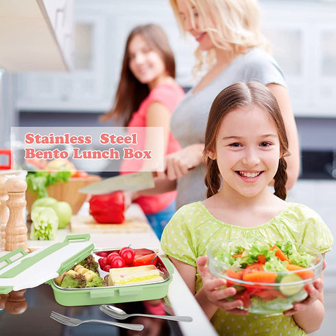Bento Lunch Box for Kids and Adults ,1200ml Leakproof Stainless Steel Lunch Box with Portable Insulation Bag, 3 Compartments Food Container With Spoon and Fork