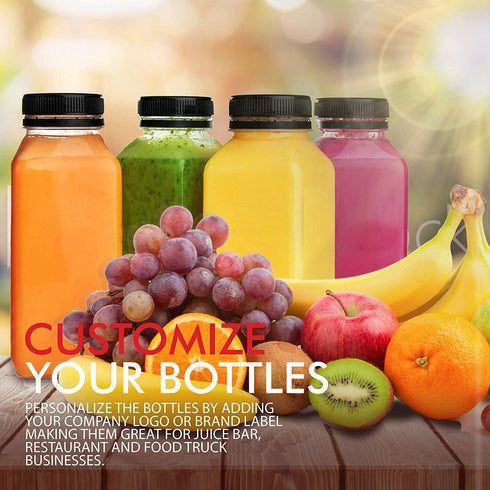 Stock Your Home 12-Ounce Bottles with Black Caps (12 Pack) - BPA-Free Plastic Bottles with Tamper Proof Caps - Leak Resistant & Reusable - Bottles for Juice