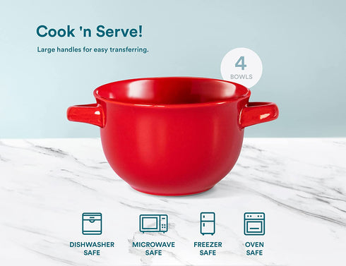 Kook French Onion Soup Crocks with Handles, Ceramic Bowls, for Rice, Dessert, Pasta, Dishwasher, Microwave, Oven & Broil Safe, Set of 4, 18 oz, (Red)