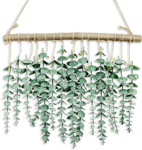 Artificial Eucalyptus Wall Hanging Decor - Fake Eucalyptus Leaves Greenery , Vines Wall Hanging Plants with Wooden Stick , Farmhouse Rustic Wall Decor for Wedding , Kitchen , Bedroom , Boho Home Decor