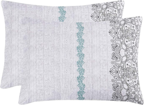Wake In Cloud - Pack of 2 Pillow Cases, Reversible with Gray Grey Teal Turquoise, Soft Microfiber Pillowcases (King Size, 20x36 Inches)