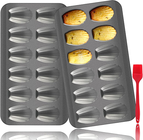 2 Pack Madeleine Pan, OAMCEG 12 Cavity Heavy Duty Shell Shape Baking Mold Nonstick Cookie/Cake/Scone Pan Whoopie Pie Pan with a Silicone Brush for Oven Baking