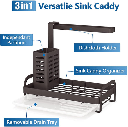 Sink Caddy Organizer, 1Easylife Kitchen Sink Caddy Bronze with Drain Tray Sponge Holder Brush Dishcloth Holder Hanger Countertop for Kitchen