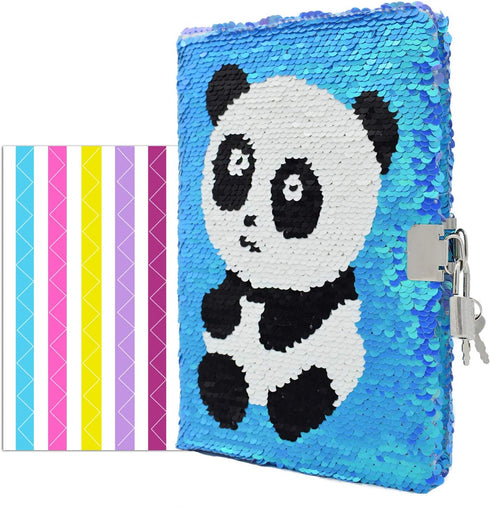 VIPbuy Magic Reversible Sequin Notebook Diary Lined Travel Journal with Lock and Key for Kids Girls, Size A5 (8.5” x 5.5”), 78 Sheets, Panda (Blue to Purple)