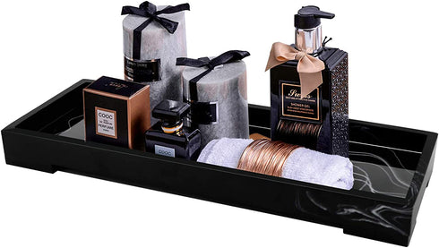 Jolitac Vanity Tray for Bathroom, Resin Bathtub Tray Countertop Tray Marble Pattern Black Trays, Cosmetics Holder Vanity Organizer for Shampoo, Soap (Black, Small)