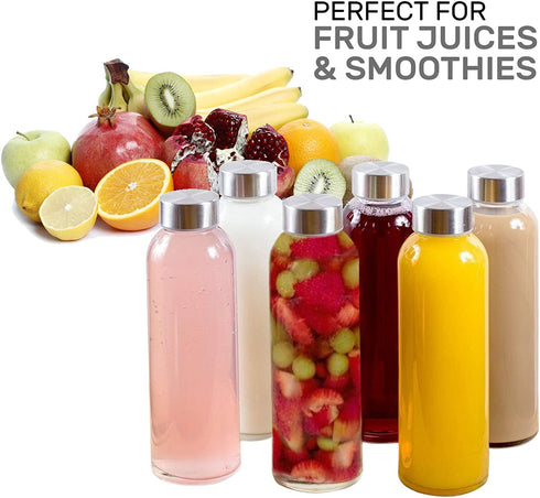 Brieftons Glass Water Bottles With Caps: Clear, 6 Pack, 18 Oz, Leakproof Lids, Premium Soda Lime, Best As Reusable Drinking Bottle, Sauce Jar, Juice Beverage Container, Kefir Kit, With Cleaning Brush