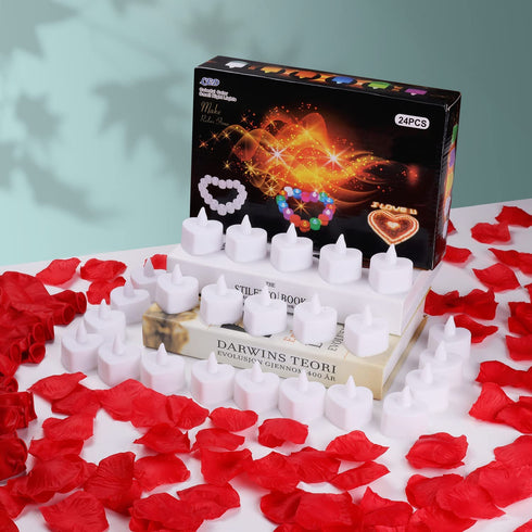 Flameless Tea Lights Candles, 24Pack LED Candles Battery Operated, 2000Pcs Fake Rose Petals, 24Pcs Red Heart Shaped Valentines Day Balloons for Romantic Night, Perfect Valentines Day Decoration Decor
