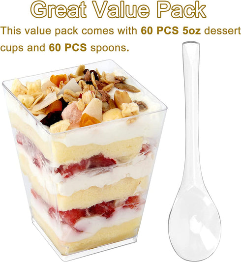 Colovis Dessert Cups, 60 Count 5oz Clear Plastic Parfait Appetizer Cups with Spoons Square Dessert Serving Cups for Parties, Events, Catering (60)