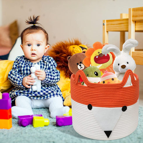 MHOMER XXLarge 14''x14''x13'' Blanket Basket Living Room Foldable Baby Laundry Basket Extra Large Cute Fox Blanket Storage for Living Room Basket with Handle Laundry Cotton Rope Gift Clothes Basket