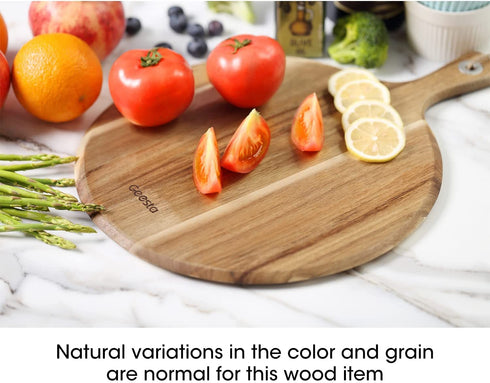 Geesta Acacia Wood Pizza Peel, Round Cutting Board with Handle 12" Wood Cutting Board Decor, Prepare for Cheese Paddle Board, Charcuterie Board, Pizza Peel Serving Large Kitchen Farmhouse Gift