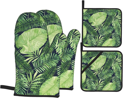 Tropical Palm Leaf Oven Mitts and Pot Holders 4pcs Set, 500„‰ Heat Resistant Oven Mitts Gloves 3D Printed Cooking Gloves for Kitchen, Cooking, Baking, BBQ Green