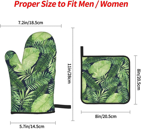 Tropical Palm Leaf Oven Mitts and Pot Holders 4pcs Set, 500„‰ Heat Resistant Oven Mitts Gloves 3D Printed Cooking Gloves for Kitchen, Cooking, Baking, BBQ Green