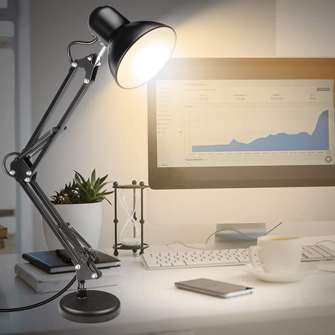 Metal Desk Lamp, AmeriTop Adjustable Goose Neck Swing Arm Table Lamp with Interchangeable Base Or Clamp; Eye-Caring Study Desk Lamps for Bedroom, Study, Office, Table (Black)