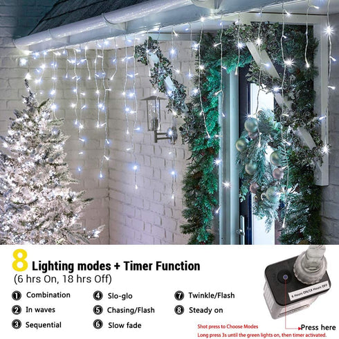 Toodour LED Icicle Lights, 360 LED, 29.5ft, 8 Modes, Window Curtain Fairy Lights with 60 drops, Led Christmas Lights, Icicle Fairy Twinkle Lights for Party, Holiday, Wedding Decorations (Pure White)