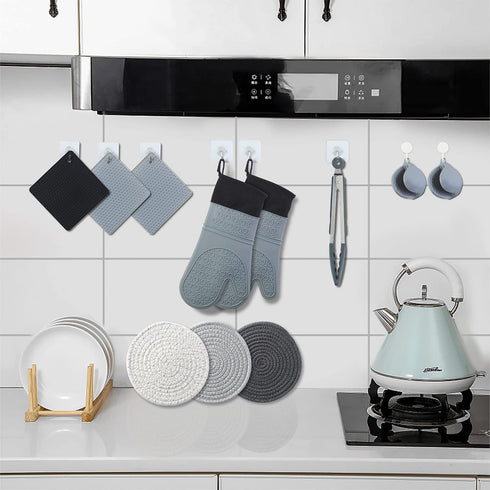 13 Pcs Set Oven Mitts and Pot Holders, Silicone Oven Mitts and Pot Holders 500F Heat Resistant, Includes Mini Oven Mitts, Hot Pads, Wall Hooks, Food Tongs- Perfect for Kitchen,Cooking,Protecting Hands