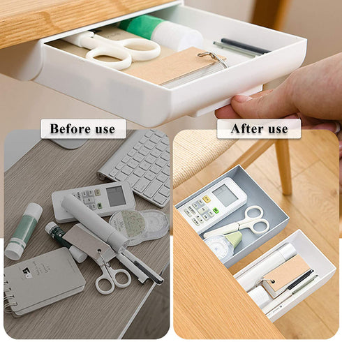 4 Pieces Under Desk Drawer Organizer, 8.8" Long, 3.5"/5.3" wide,Vankcp Expandable Self-Adhesive Drawer, Pop-Up Hidden Drawer Organizer Storage Set for Office School Home Desk, White,Gray